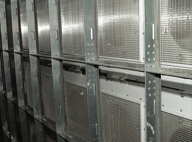Inlet side of one 5 x 3 FANWALL array with inlet screen shown. Screen helps to reduce pre-swirl of air entering the fan and reduces sound levels.